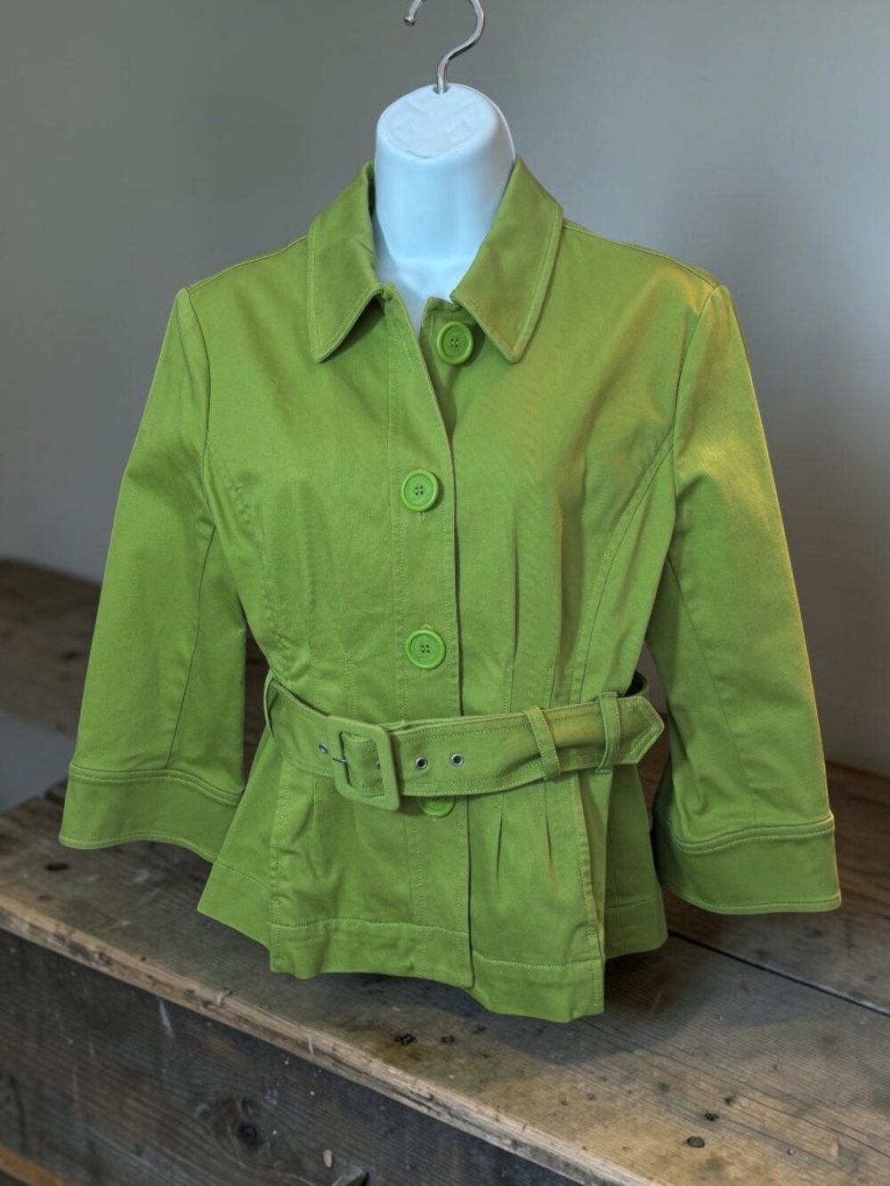 Jones New York Sport Petite Green Stretch Cotton Blend Belted Jacket Coat P M